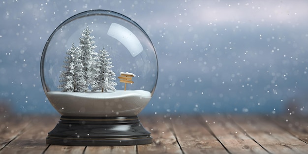 snow globe with trees on winter snowfall background