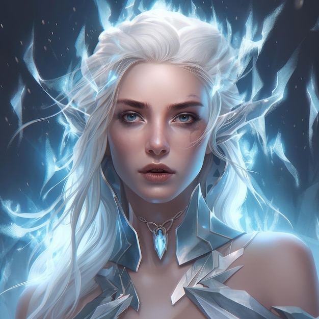 Snow goddess with white long hair art generative ai