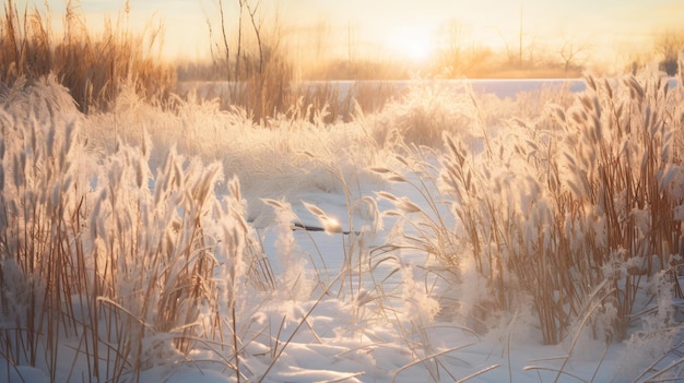 太陽の温かさの下の雪と草