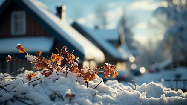 Snow in house roof at winter