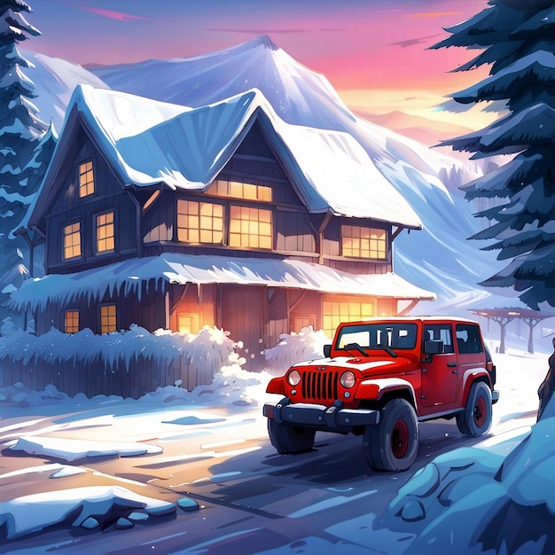 A snow on house with jeep