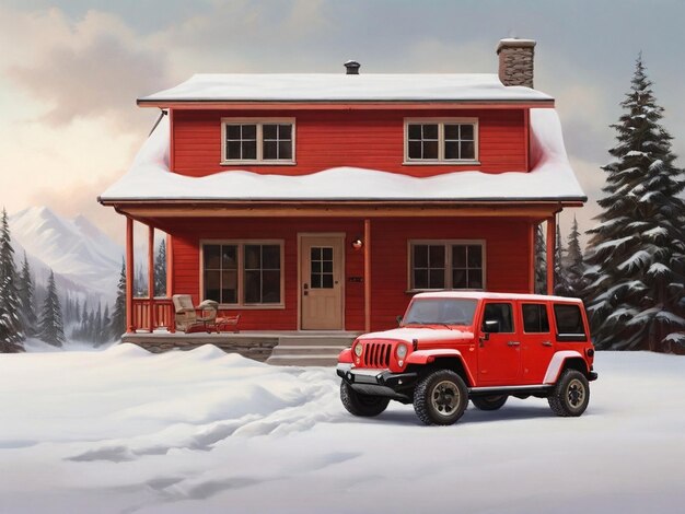 A snow on house with red jeep