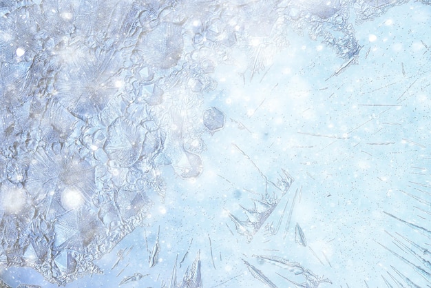 Snow ice background, abstract winter seasonal background, white\
snowflakes blizzard on ice overlay background