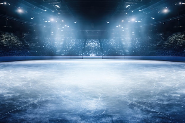 Photo snow and ice backgroundempty ice rink illuminated by spotlights
