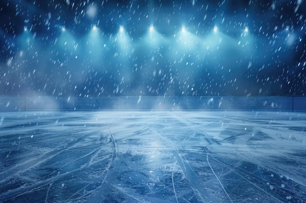 Snow and ice backgroundEmpty ice rink illuminated by spotlights