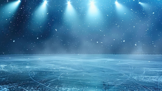 Photo snow and ice backgroundempty ice rink illuminated by spotlights