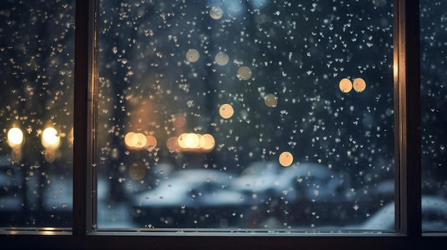 Snow is falling outside the window in the evening