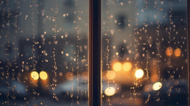 Snow is falling outside the window in the evening