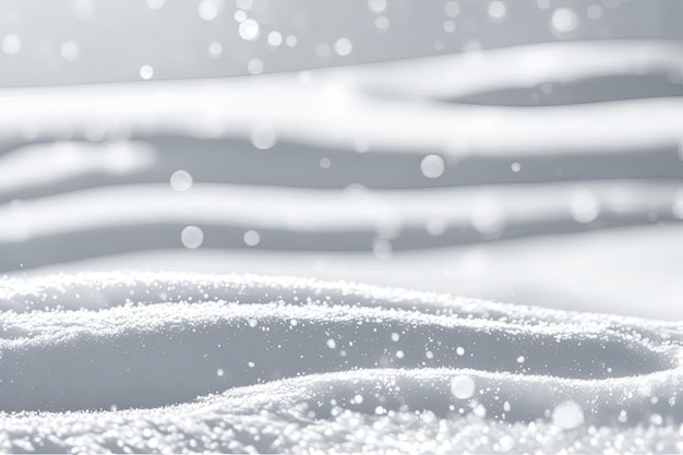 Snow is falling on a white surface with a blurry background.