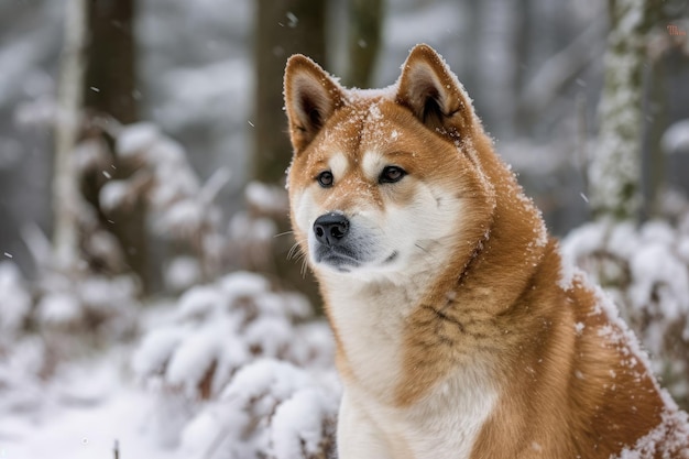 雪の中で日本の秋田犬のポーズ