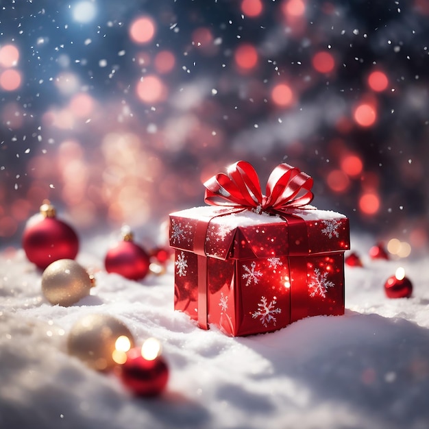 Snow landscape illuminated by magical bokeh of sparkling red Christmas present gifts Ai Generated