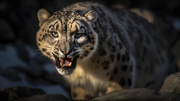 A snow leopard is on a rock in the sun