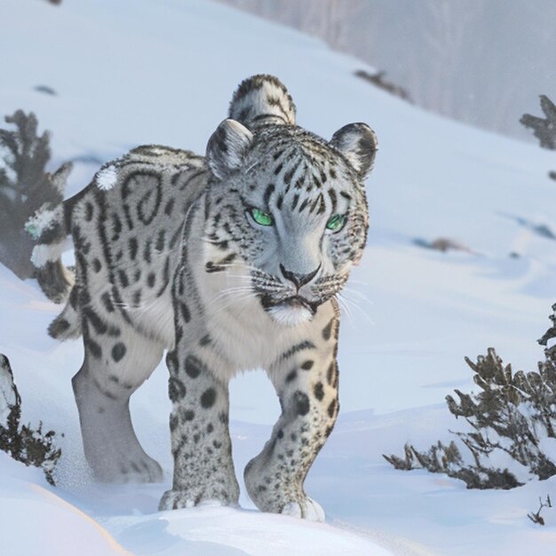 Foto un leopardo delle nevi sta camminando nella neve con le parole leopardo della neve sul suo viso.