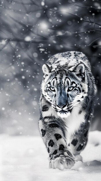 Photo the snow leopard is walking through the snow