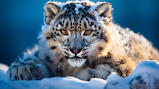 Snow leopard laying in the snow with it's eyes open Generative AI