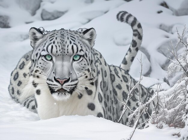 Foto un leopardo delle nevi sdraiato nella neve con un leopardo della neve sullo sfondo.