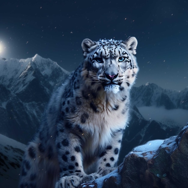 A 4K ultra HD mobile wallpaper depicting a graceful and elusive Snow Leopard,  with its thick fur and piercing blue eyes, perched on a rocky ledge against  the backdrop of a snow-capped