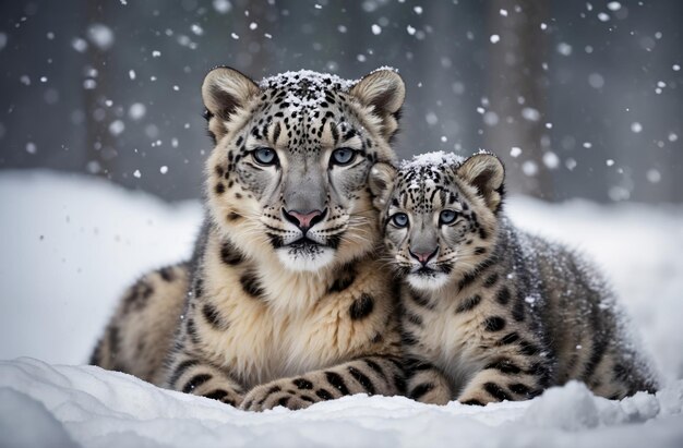 Snow leopard mother and cub under winter snow