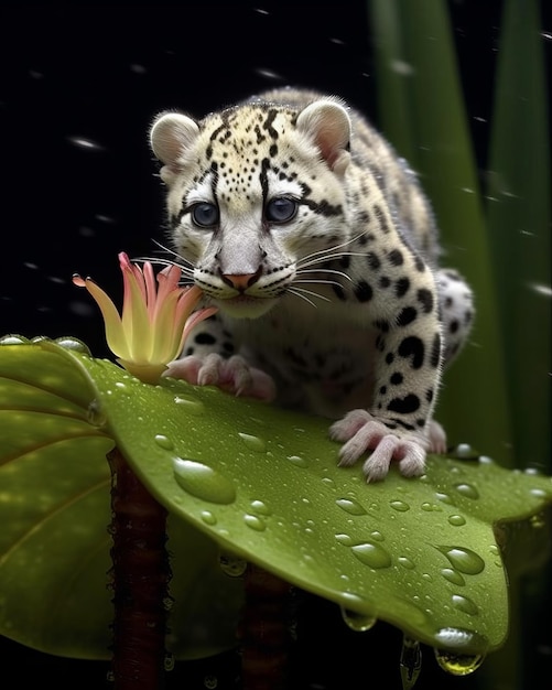 snow leopard in rainy forest