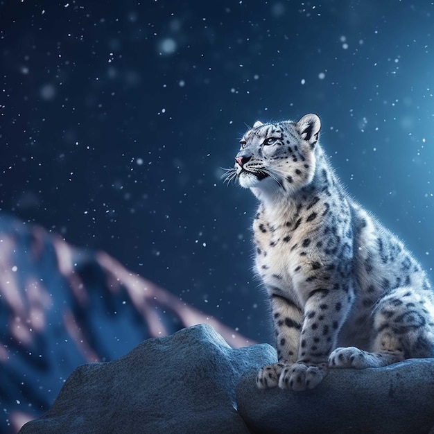 Snow leopard sitting on a rock in the snowfall 3d rendering