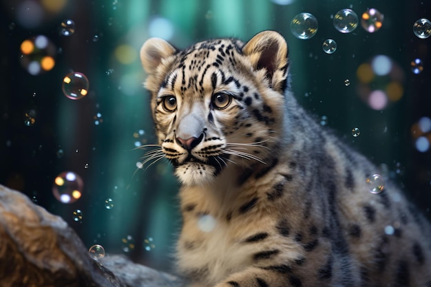 a snow leopard sitting on a rock with bubbles in the background