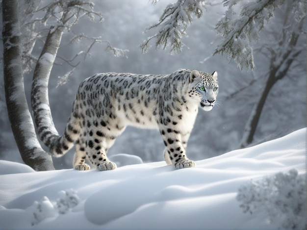 A snow leopard walks through the snow.