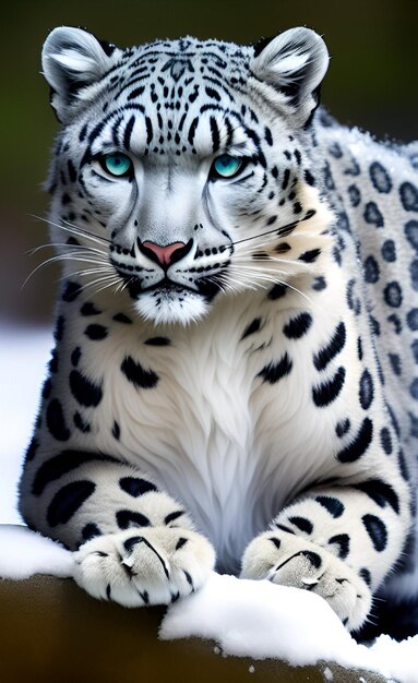 A snow leopard with blue eyes sits on a ledge.