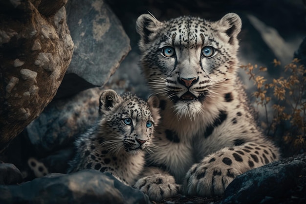 Snow leopard with cub in natural habitat Generative AI