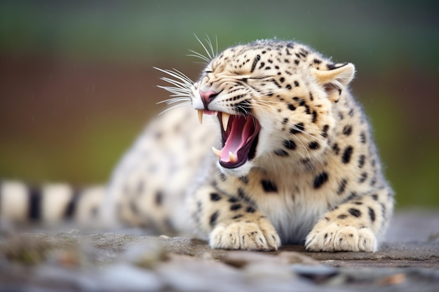 Снежный леопард зевает, раскрывая острые зубы.