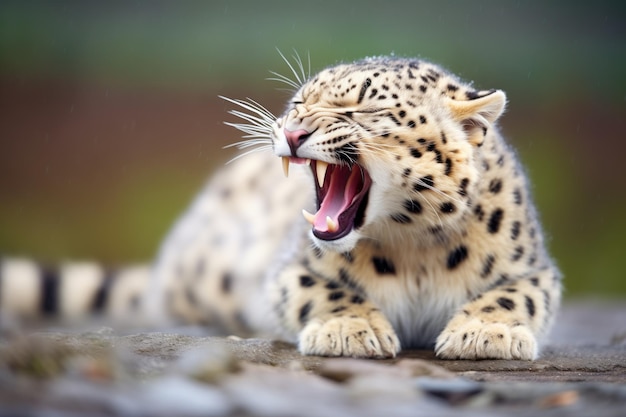 A snow leopard yawning revealing sharp teeth