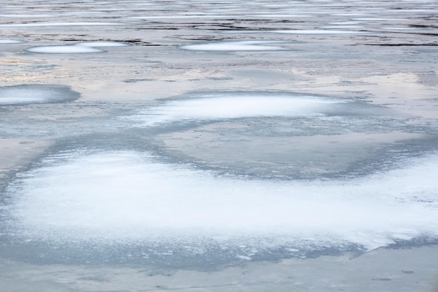 Snow lies on the ice a frozen river