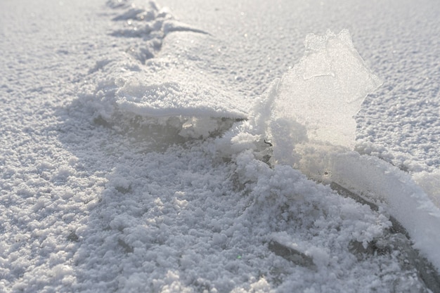 氷の冷ややかな表面に横たわる雪