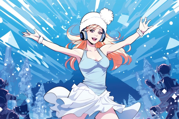 Snow Maiden dancing at a rave party manga style comic