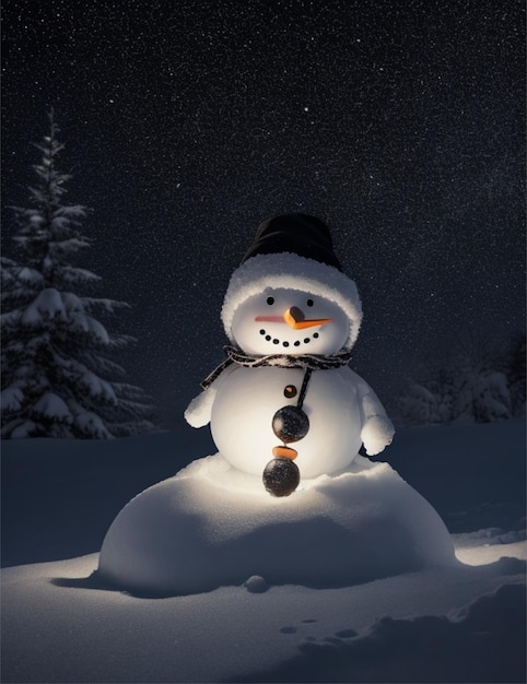 snow man in beautiful winter night
