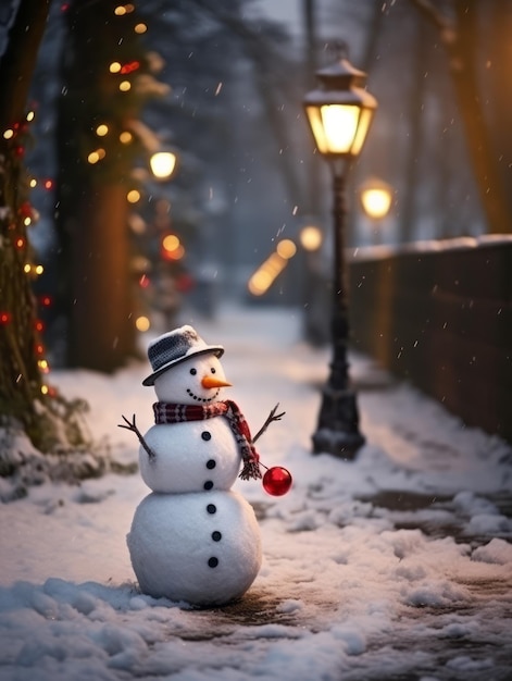 snow man over blurred Christmas eve