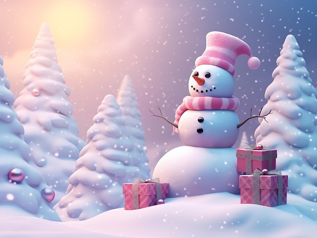 snow man stand on snow with christmas tree with soft pink and blue tone background