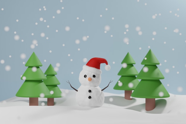 Photo snow man with pine tree on snow background. 3d illustration