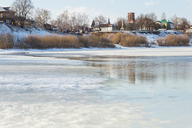 The snow melts in the spring river