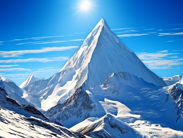 Snow mountain closeup blue sky background