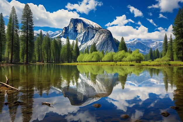 Photo snow mountain cloud and lake with reflections in yosemite