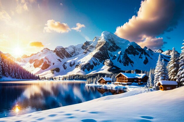 Snow mountain range at sunset with foggy weather lake in the mountains Peacefully landscapes view