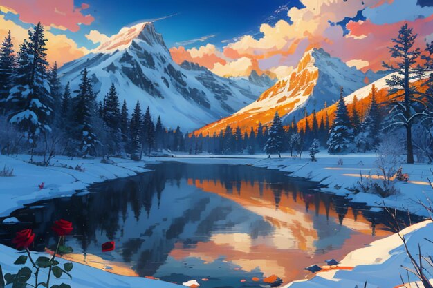 Snow mountain river forest blue sky beautiful nature landscape wallpaper illustration background