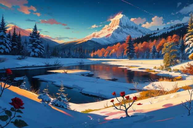 Snow mountain river forest blue sky beautiful nature landscape wallpaper illustration background