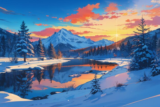 Snow mountain river forest blue sky beautiful nature landscape wallpaper illustration background