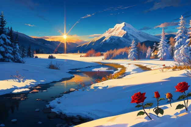 Snow mountain river forest blue sky beautiful nature landscape wallpaper illustration background