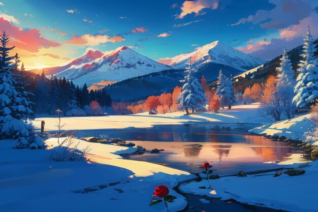 Snow mountain river forest blue sky beautiful nature landscape wallpaper illustration background