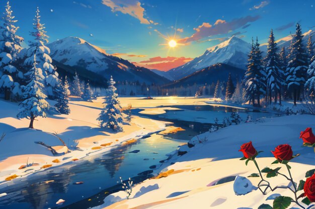 Snow mountain river forest blue sky beautiful nature landscape wallpaper illustration background