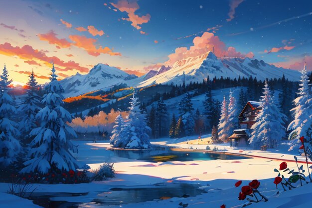 Snow mountain river forest blue sky beautiful nature landscape wallpaper illustration background