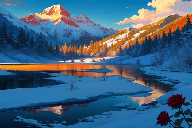 Snow mountain river forest blue sky beautiful nature landscape wallpaper illustration background