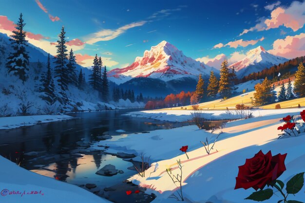 Snow mountain river forest blue sky beautiful nature landscape wallpaper illustration background